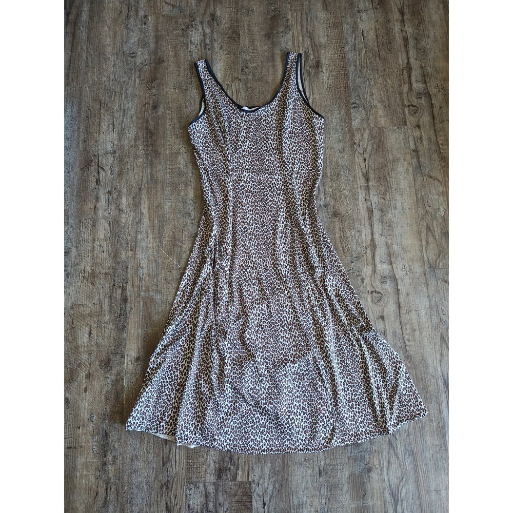 Sleeveless Leopard Print Scoop Neck A-Line Midi Dress Brown Tan Animal Print